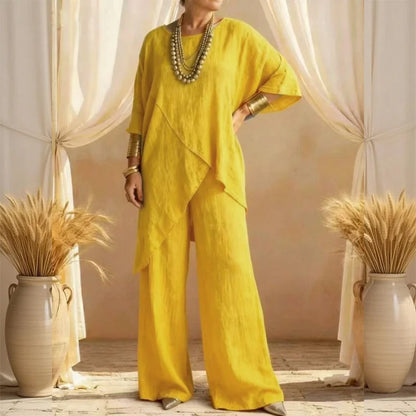 Cardydony Women's Comfy Linen Blend Flowy Double Layer Design Top And Pants Two-piece Set