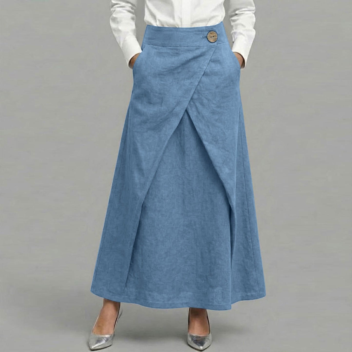 Cardydony Women's Casual Retro Slanted Button Cotton And Linen Skirt