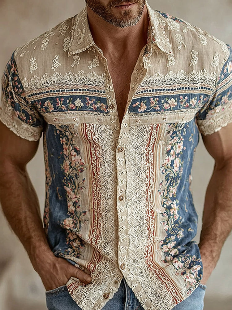 Cardydony Men's Retro Floral Patchwork Pattern Casual Shirt