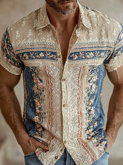Cardydony Men's Retro Floral Patchwork Pattern Casual Shirt