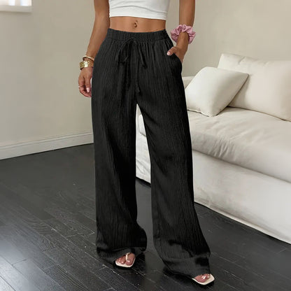 Cardydony Solid Color Elastic Waist Straight Leg Linen Pants