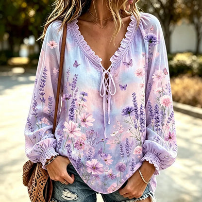 Cardydony Women's Boho V-neck Blouse - Lavender Flowers, Daisies And Small Butterflies Print Ruffle Long Sleeve Top