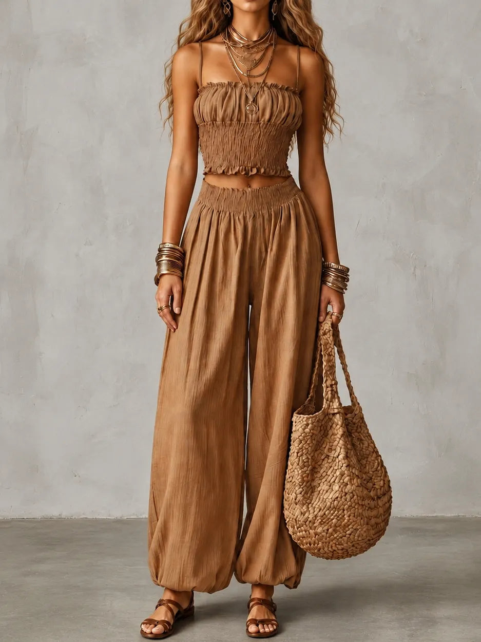 Cardydony Elegance Strapless Cropped Tank Top With Elastic Waistband Lantern Pants Two-piece Set