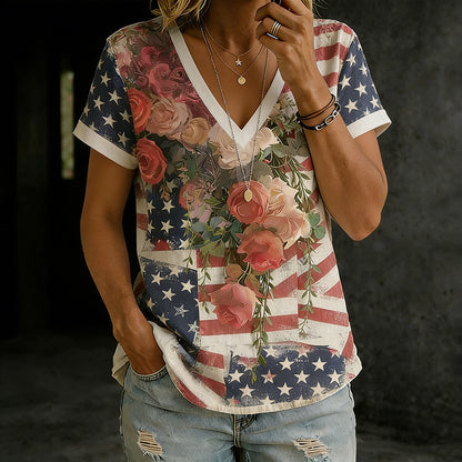 Cardydony Women's Retro Independence Day Themed Flag Floral Pattern T-shirt