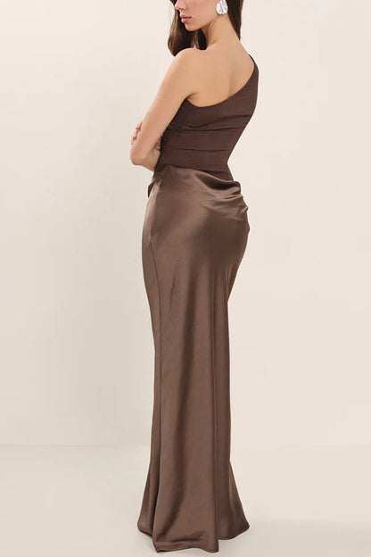 Cardydony Women's Kaia Satin Contrast Fabric Patchwork One Shoulder Ruched Maxi Dress