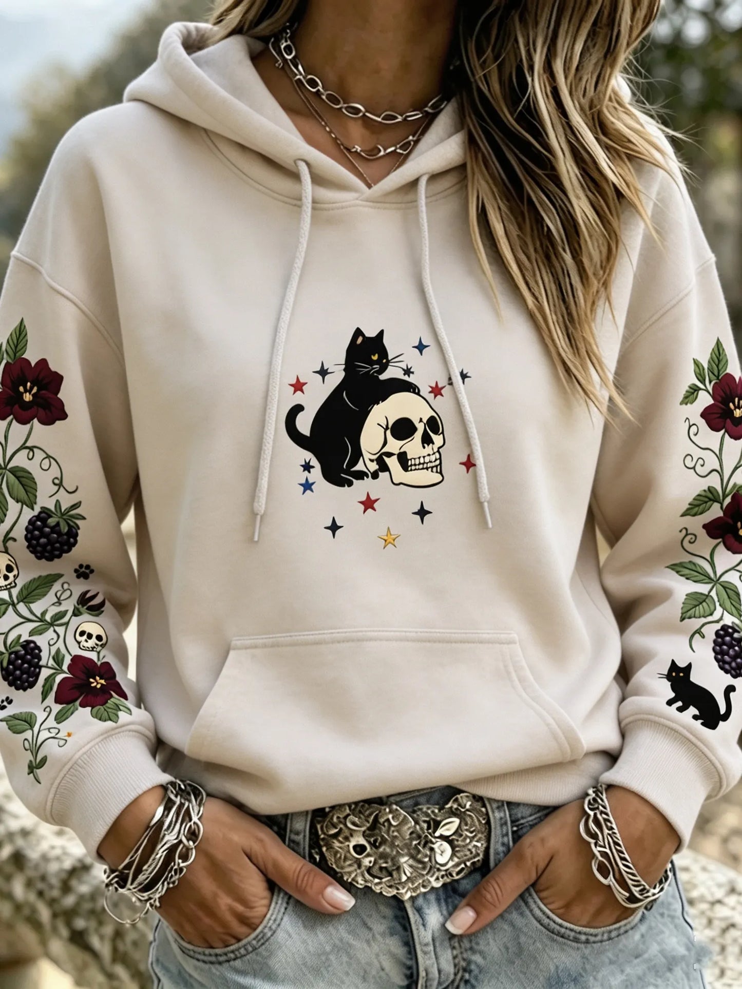Cardydony Women's Witchy Patriotic Black Cat Skull Floral Graphic Print Hoodie