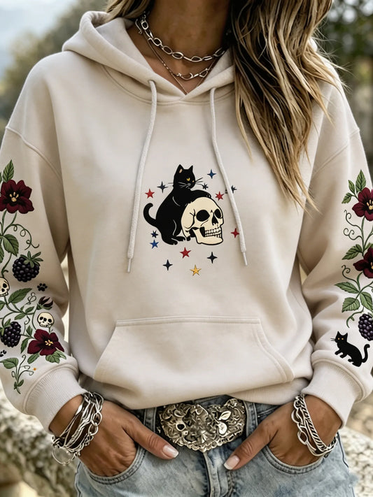 Cardydony Women's Witchy Patriotic Black Cat Skull Floral Graphic Print Hoodie