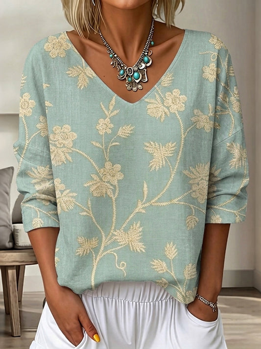 Cardydony Women's Vintage Floral Art Print Flowy Linen Blend Three-quarter Sleeve V Neck Linen Tops