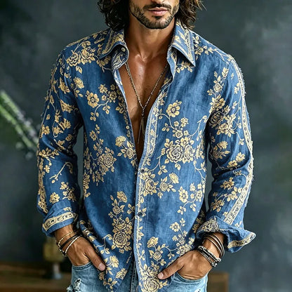 Cardydony Men's Spring Summer Colorful Floral Embroidered Art Print Flowy Linen Blend Shirt