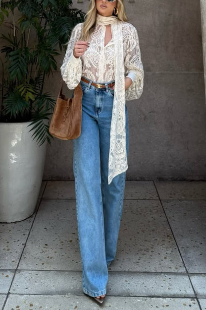 Cardydony Women's  Solid Color Sheer Lace Elegant Ribbon Long-sleeved Shirt