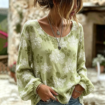Cardydony Women's Retro Bohemian Floral Print Cotton Linen Top