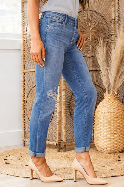 Cardydony Women's Stylish High-waisted Button-down Casual Pocket Ripped Jeans