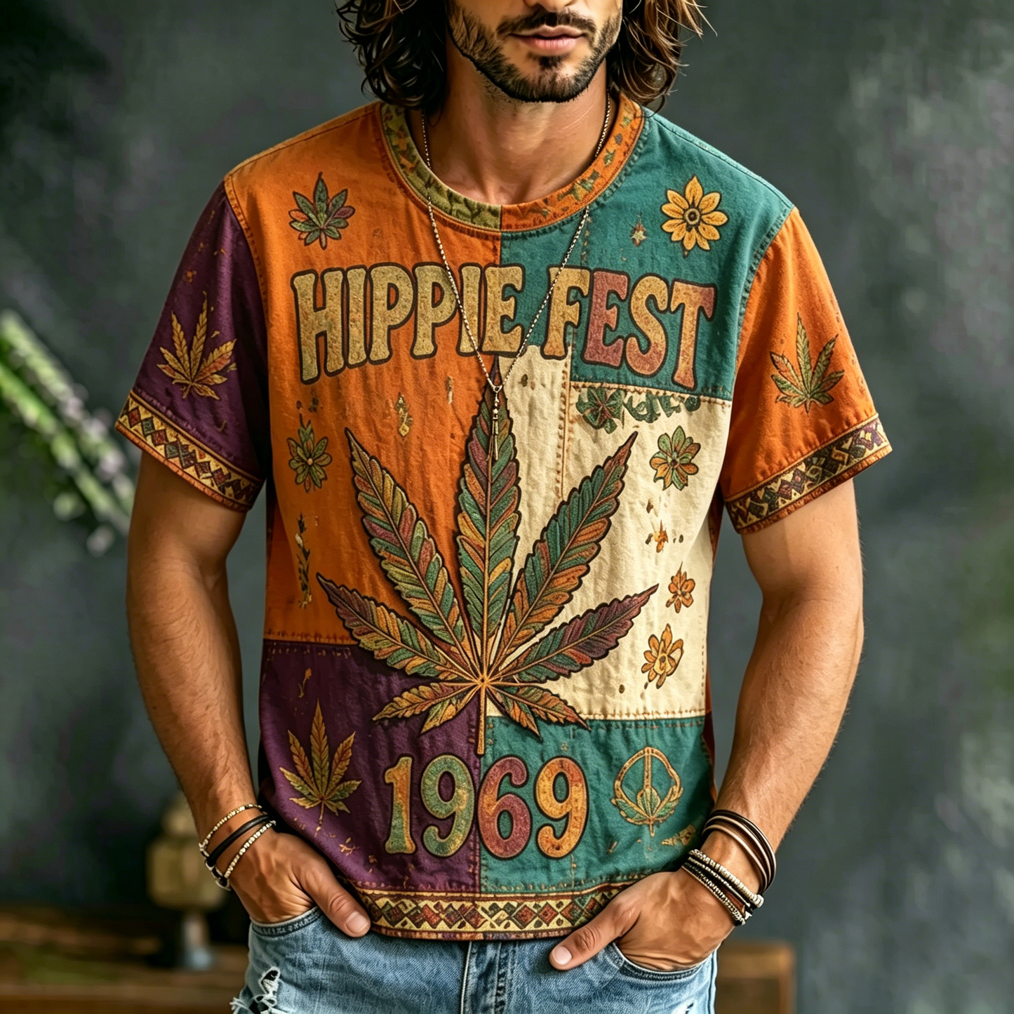 Cardydony Men's Retro Hippie Ethnic Floral Music Festival Design Short-sleeve Shirt