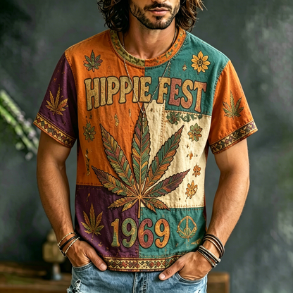 Cardydony Men's Retro Hippie Ethnic Floral Music Festival Design Short-sleeve Shirt