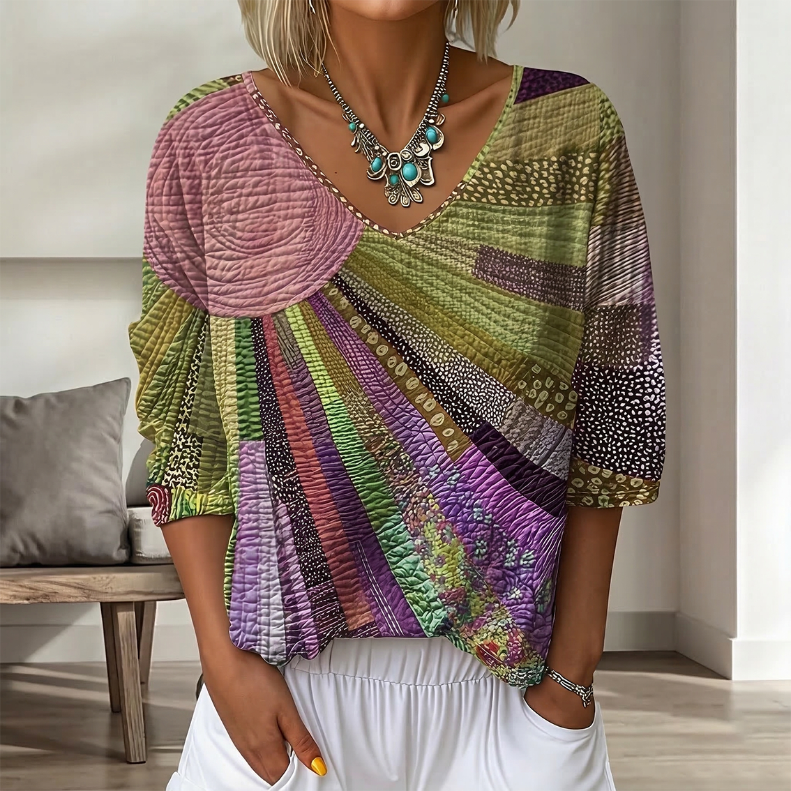 Cardydony Women's Vintage Floral In Gradient Art Print Flowy Linen Blend Three-quarter Sleeve V Neck Linen Tops