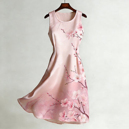 Cardyodny Women's Retro Japanese-style Cherry Blossom Art Smooth Crew Neck Dress