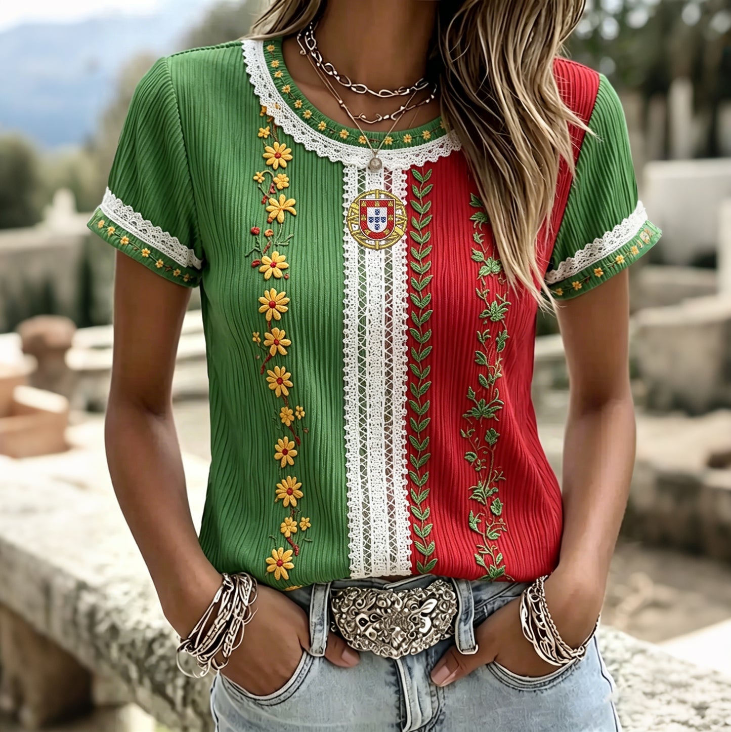 Cardydony Women's Retro Floral Embroidered Patchwork Art Linen Blend Short Sleeve T-shirt