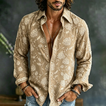 Cardydony Men's Vintage Floral Embroidered Art Print Flowy Linen Blend Casual Shirt