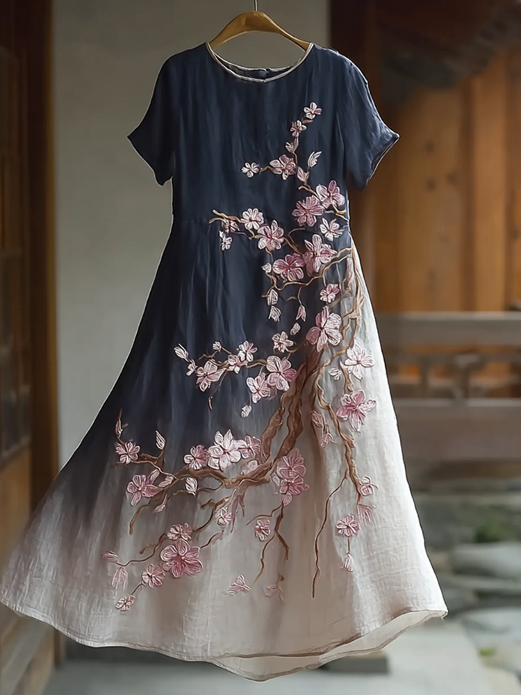 Cardydony Japanese Art Cherry Blossom Pattern Design Casual Linen Dress