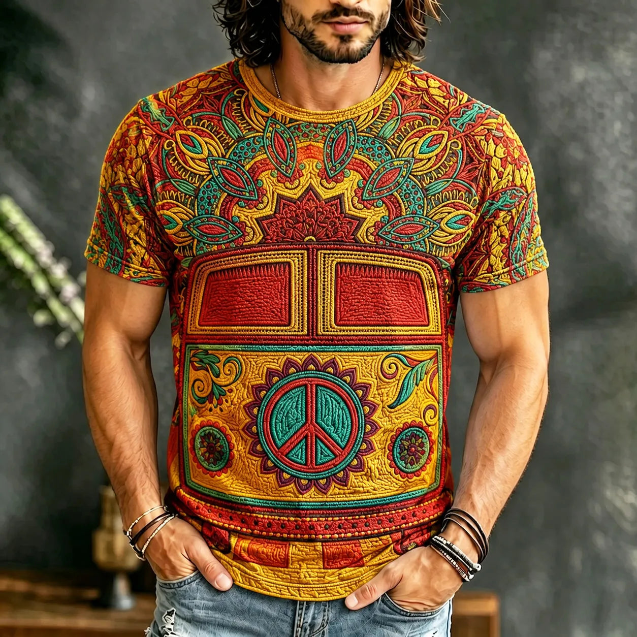 Cardydony Men's Retro Hippie Art Print Crew Neck Short Sleeve T-shirt
