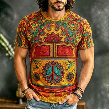 Cardydony Men's Retro Hippie Art Print Crew Neck Short Sleeve T-shirt