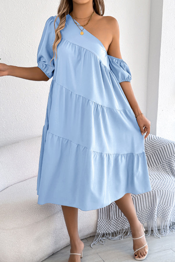 Cardydony Women's Solid Color Loose Slash Neck Short-sleeved Casual Midi Dress