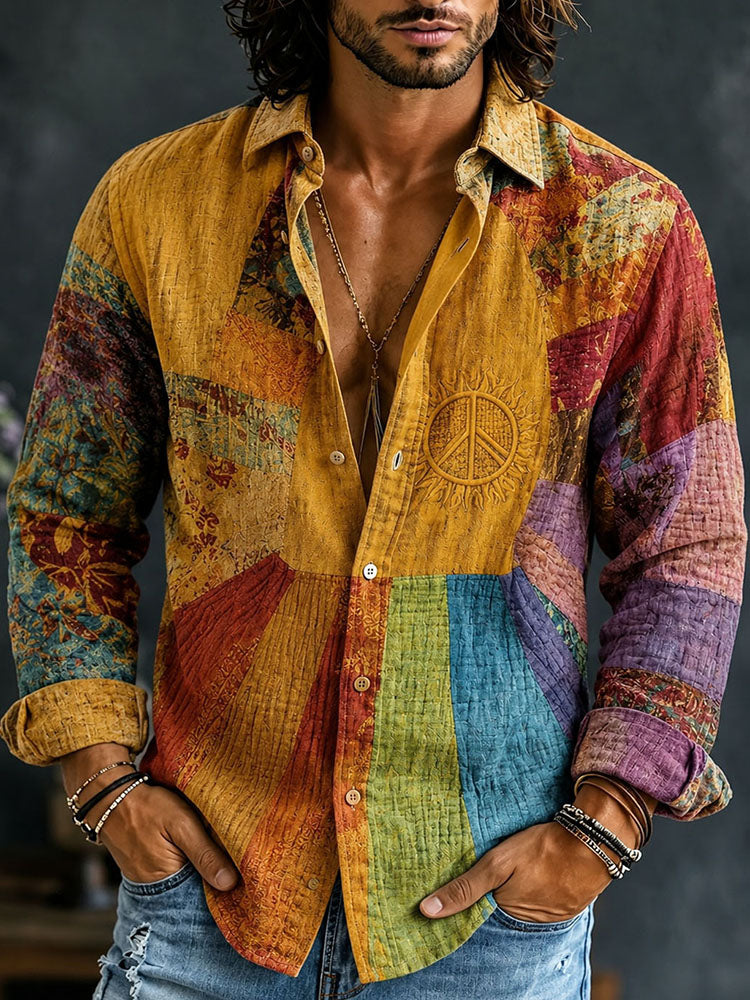 Cardydony Men's Hippie Art Rainbow Colorblock Peace Graphic Print Long Sleeve Shirt