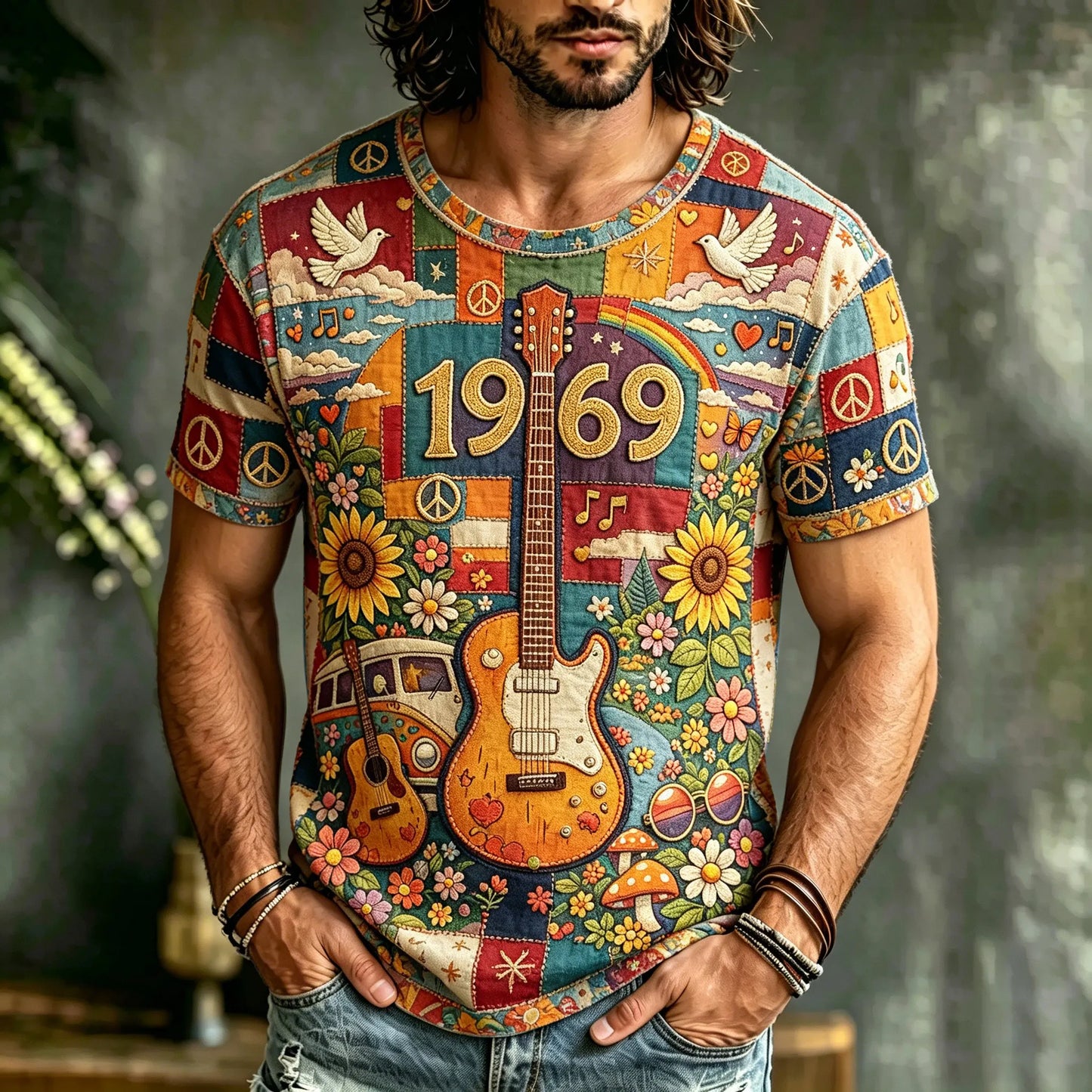 Cardydony Men's Retro Hippie Peace Logo Floral Guitar Patchwork Print T-shirt