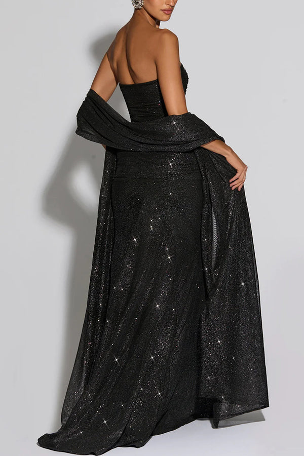 Cardydony Women's Paula Sequined Mesh and Jersey Off Shoulder Ruched Knot Drape Shawl Maxi Dress