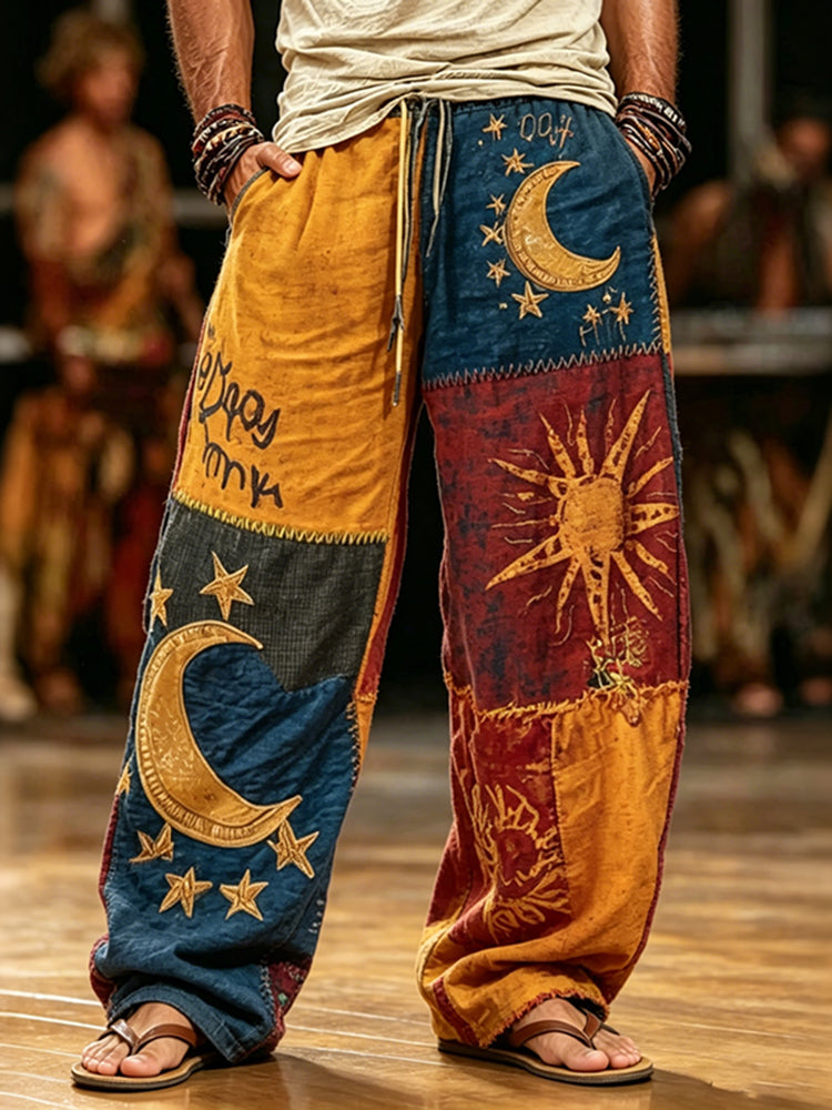 Cardydony Men's Vintage Hippie Sun Moon Patchwork Print Casual Pants