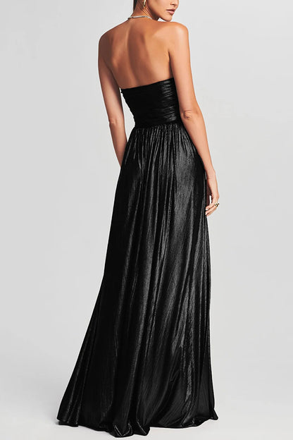Cardydony Women's Goddess Temperament Metallic Pleated Fabric Off Shoulder Slit Maxi Dress