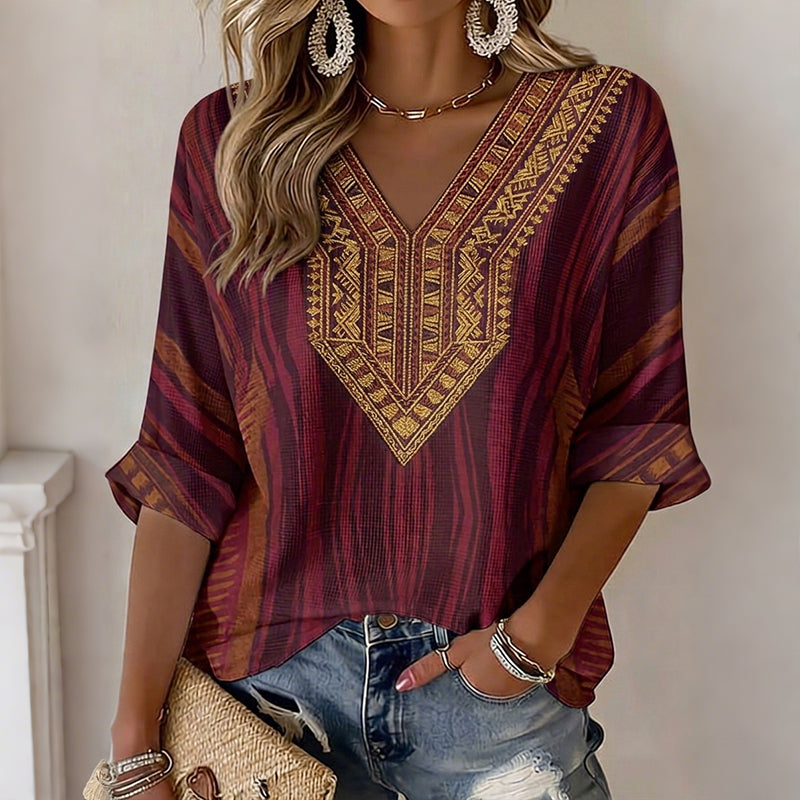 Cardydony Women's Retro Ethnic Striped Casual Long-sleeve T-shirt