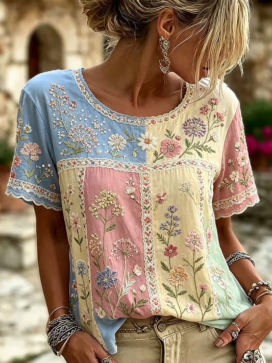 Cardydony Women's Vintage Floral Vine 3d Art Embroidery Patchwork Cotton And Linen Distressed Crew Neck Short Sleeve Top