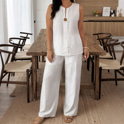 Cardydony Loose Top Casual Wide Leg Pants Linen Two Piece Set