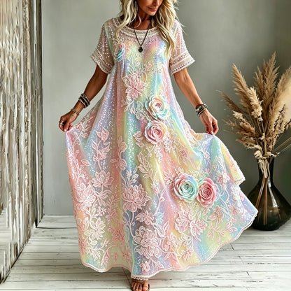 Cardydony Women's Floral In Macarons Colorful Art Embroidered Linen Blend Round Neck Maxi Dress