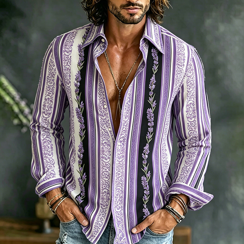 Cardydony Men's Retro Floral Striped Long-sleeve Shirt