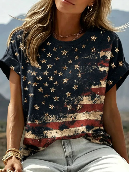 Cardydony Women's Retro Independence Day Star Sequin Print Crew Neck T-shirt