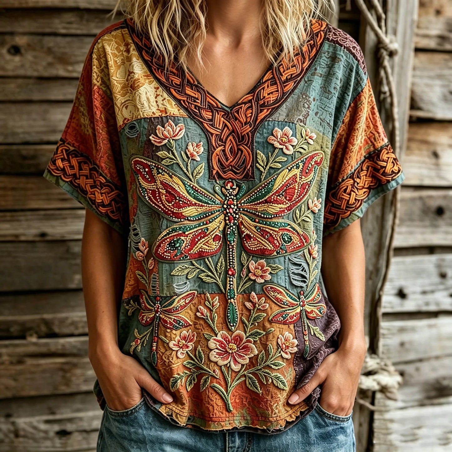 Cardydony Women's Retro Bohemian Hippie Style Floral And Dragonfly Embroidered V-neck Top