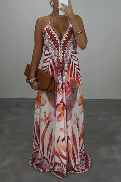 Cardydony Women's  Bohemian Style Unique Print Sleeveless Backless Loose Maxi Dress