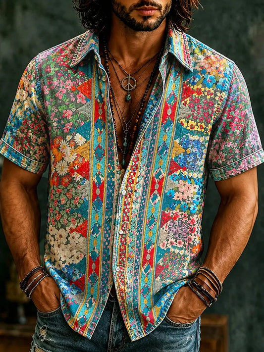 Cardydony Men's Retro Hippie Ethnic Geometry With Floral Graffiti Art Pattern Casual Washed Shirt
