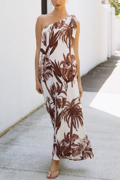 Cardydony Women's Botanical Print Sleeveless One-shoulder Casual Vacation Maxi Dress