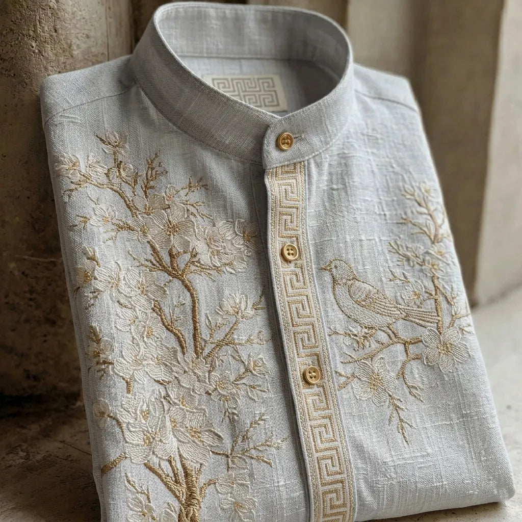 Cardydony Retro Cherry Blossom And Bird Pattern Short-sleeve Shirt