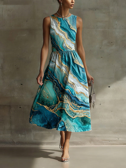 Cardydony Classy Abstract Marble & Fluid Viens Art Linen Tank Dress