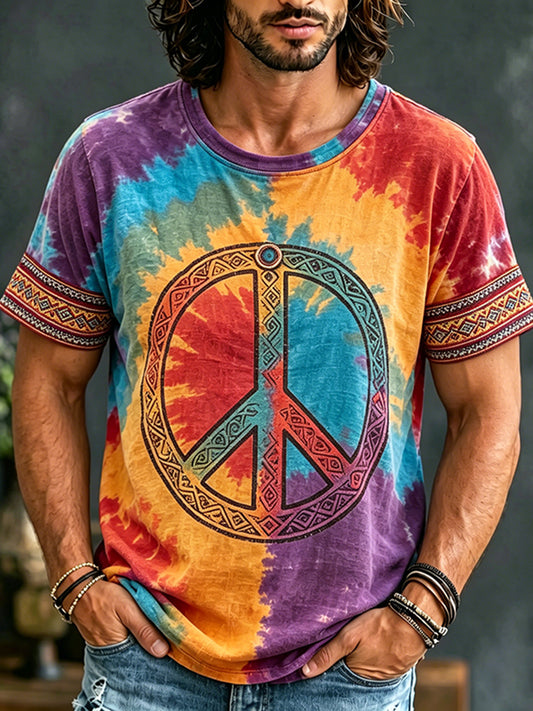 Cardydony Men's Tie-dye Retro Ethnic Print Crew Neck Short Sleeve T-shirt