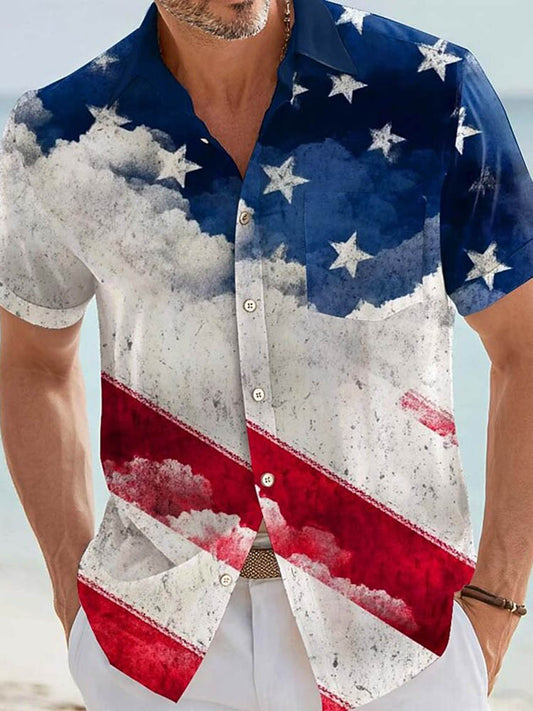 Cardydony Men's Us Flag America's 250th Anniversary Print Pocket Button Up Shirt