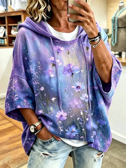 Cardydony Women's Short Sleeve Hooded Sweatshirt - Purple-blue Dreamy Gradient With Blooming Wildflower And Cornflower Print Top