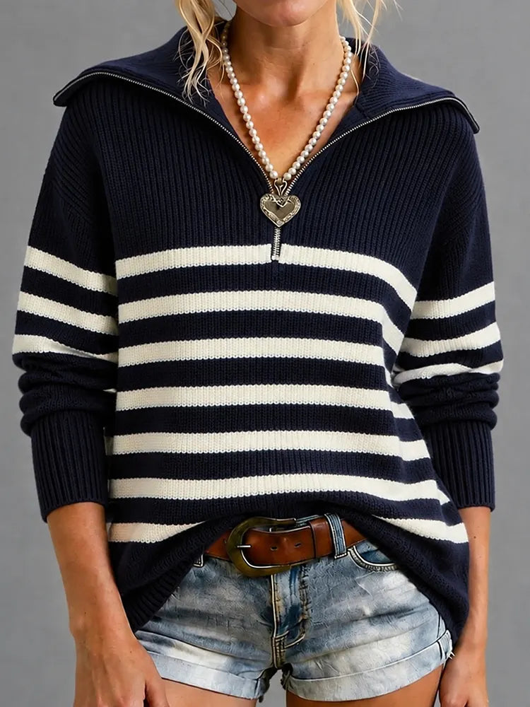 Cardydony Women's Stripe Collared Zipper Sweater