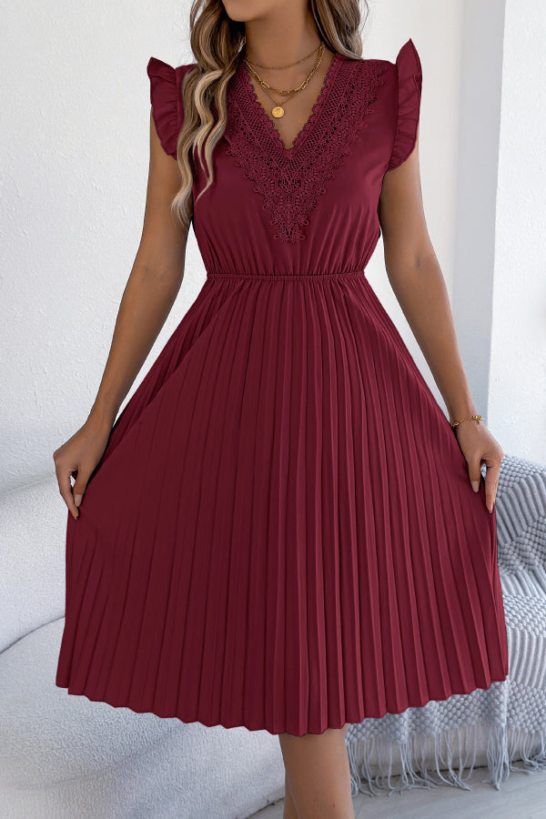 Cardydony Women's Solid Color V-neck Lace-trimmed Sleeveless Casual Pleated Midi Dress