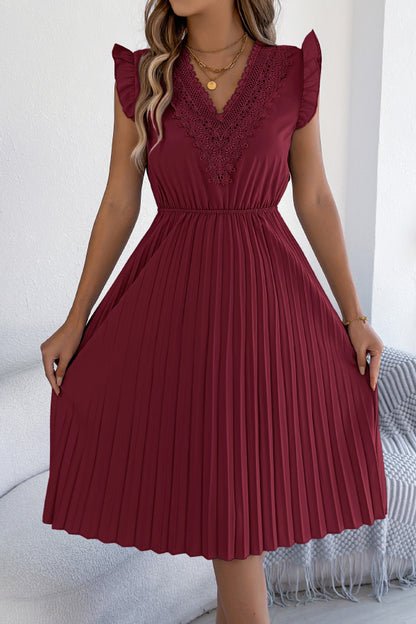 Cardydony Women's Solid Color V-neck Lace-trimmed Sleeveless Casual Pleated Midi Dress