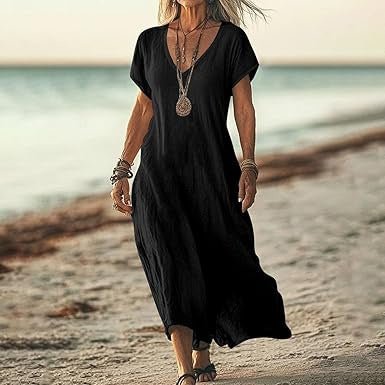 Cardydony Women's Solid Color V-neck Linen Blend Short Sleeve Dress